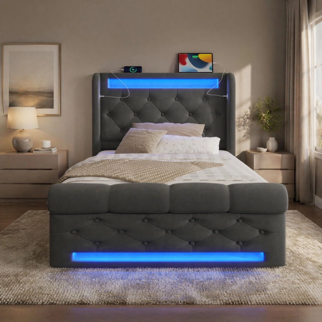 Letto imbottito 90x200 cm con contenitore idraulico; LED; USB e Type-C; velluto grigio
