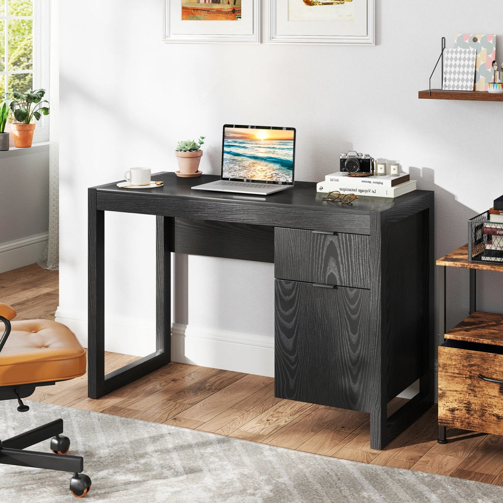 Scrivania moderna per computer con armadietto e cassetto per casa e ufficio, Postazione di lavoro elegante Nero