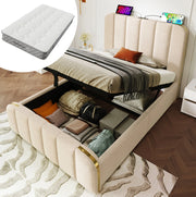 Letto singolo imbottito 90x200 cm in lino beige con contenitore; USB e tipo C; con materasso