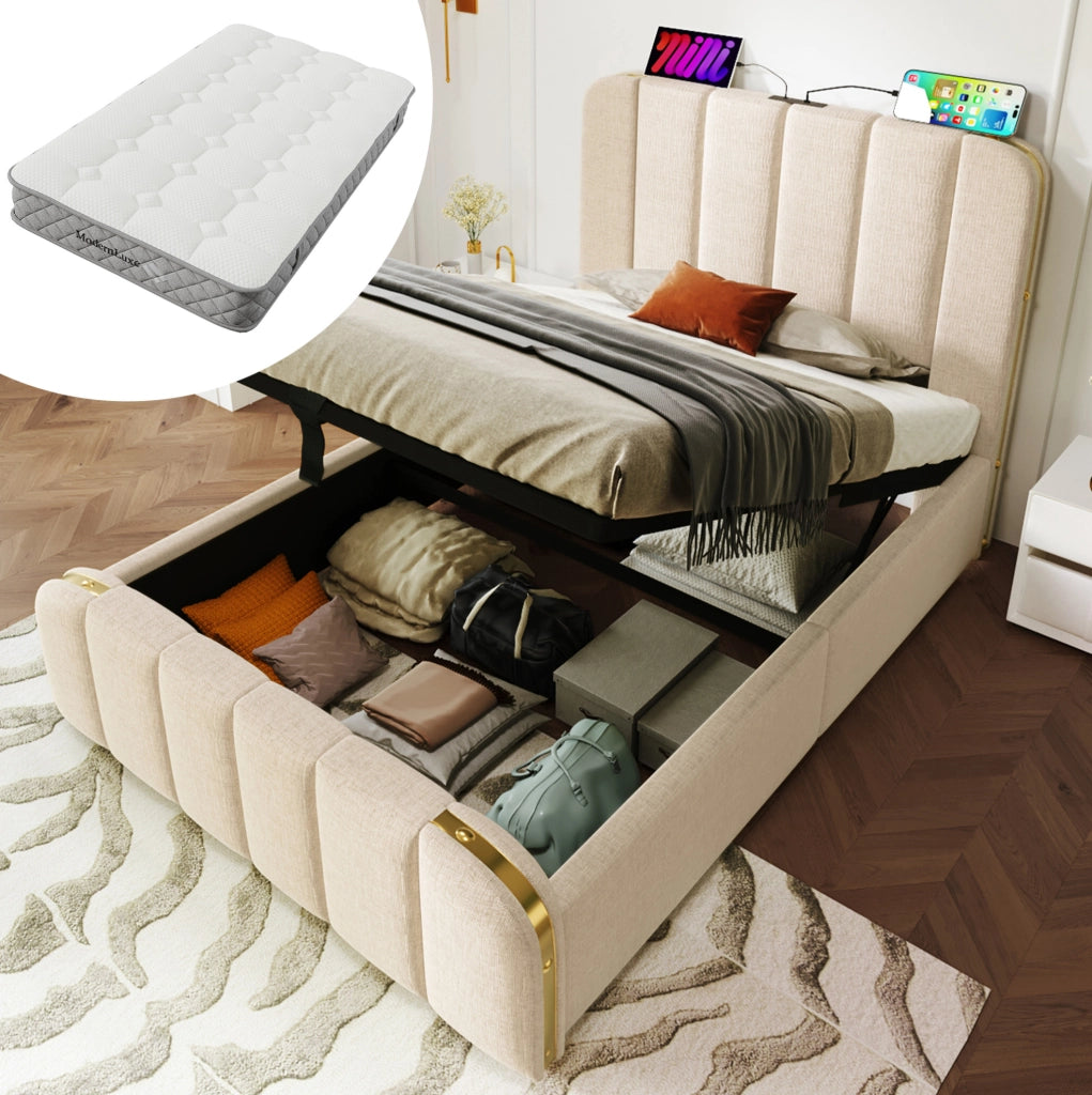 Letto singolo imbottito 90x200 cm in lino beige con contenitore; USB e tipo C; con materasso