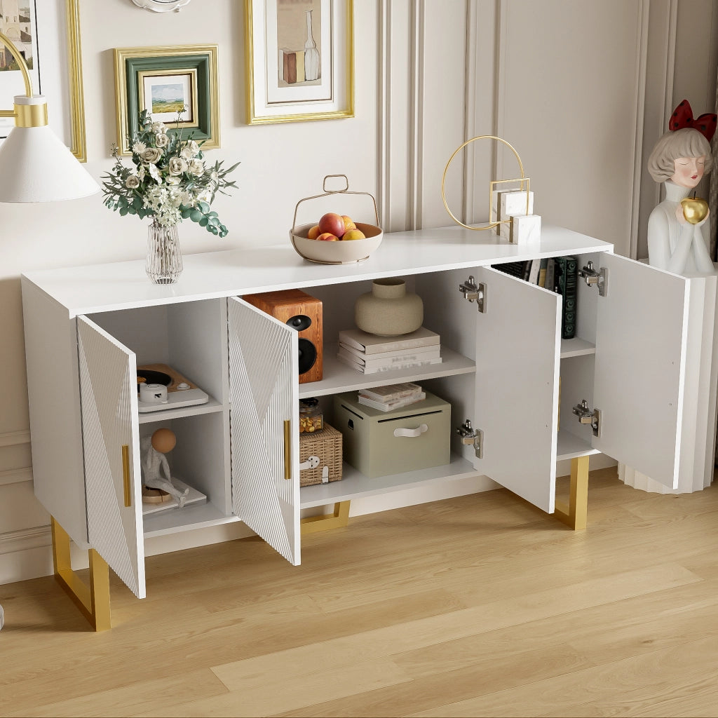 Credenza Bianca Moderna 150 cm Madia 4 Ante Lucida con Maniglie Dorate e Ripiani Regolabili