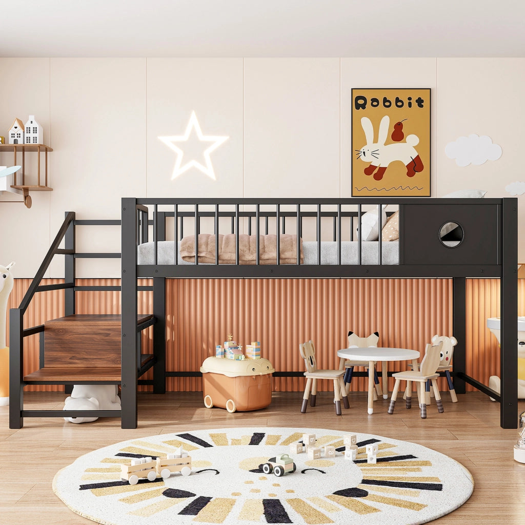 Letto a soppalco basso 90 x 200 cm in metallo con scaletta contenitore; nero