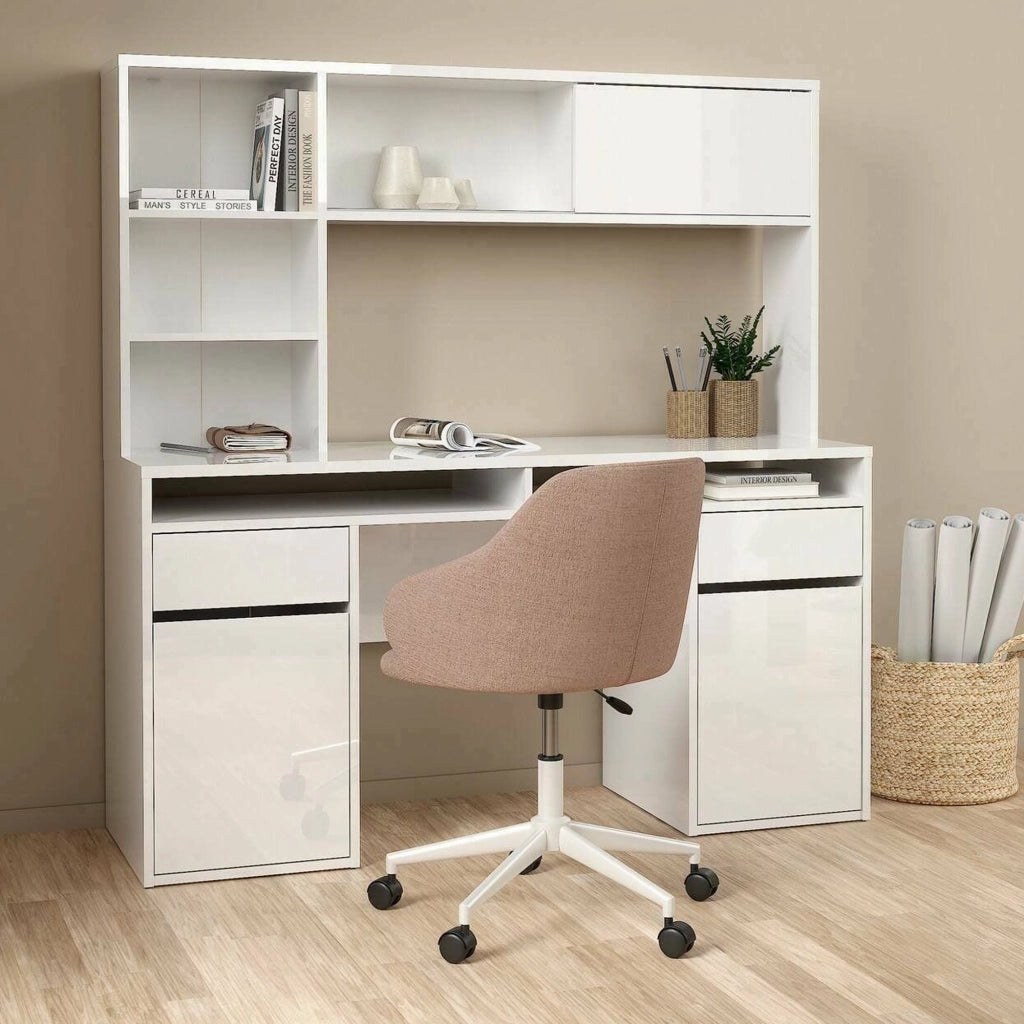 Scrivania Ambrenti, Scrittoio multiuso, Tavolo per ufficio porta PC, Piano di lavoro, 149x48 h156 cm, Bianco lucido