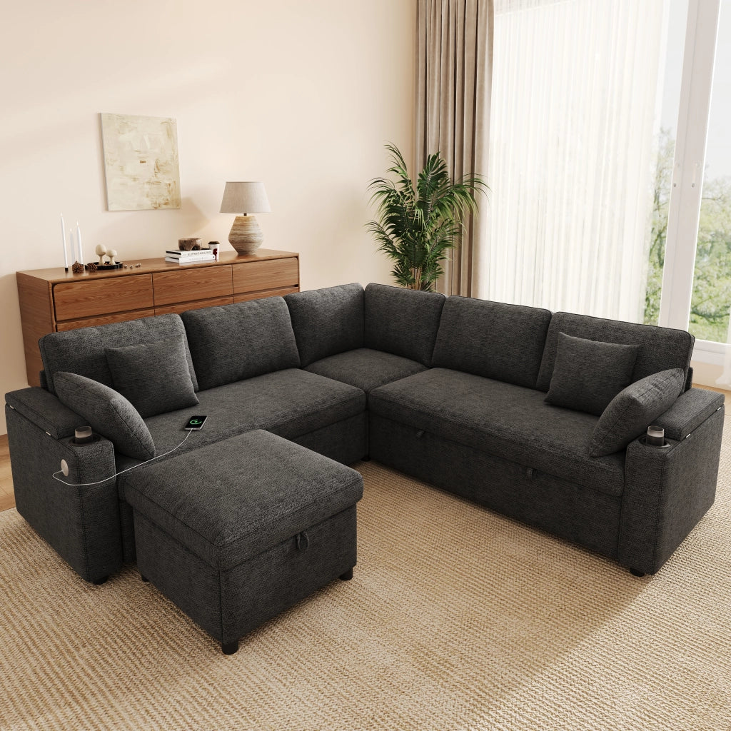 DIVANO ANGOLARE Letto Estraibile 204x204x83 cm Chenille Grigio con 4 cuscini