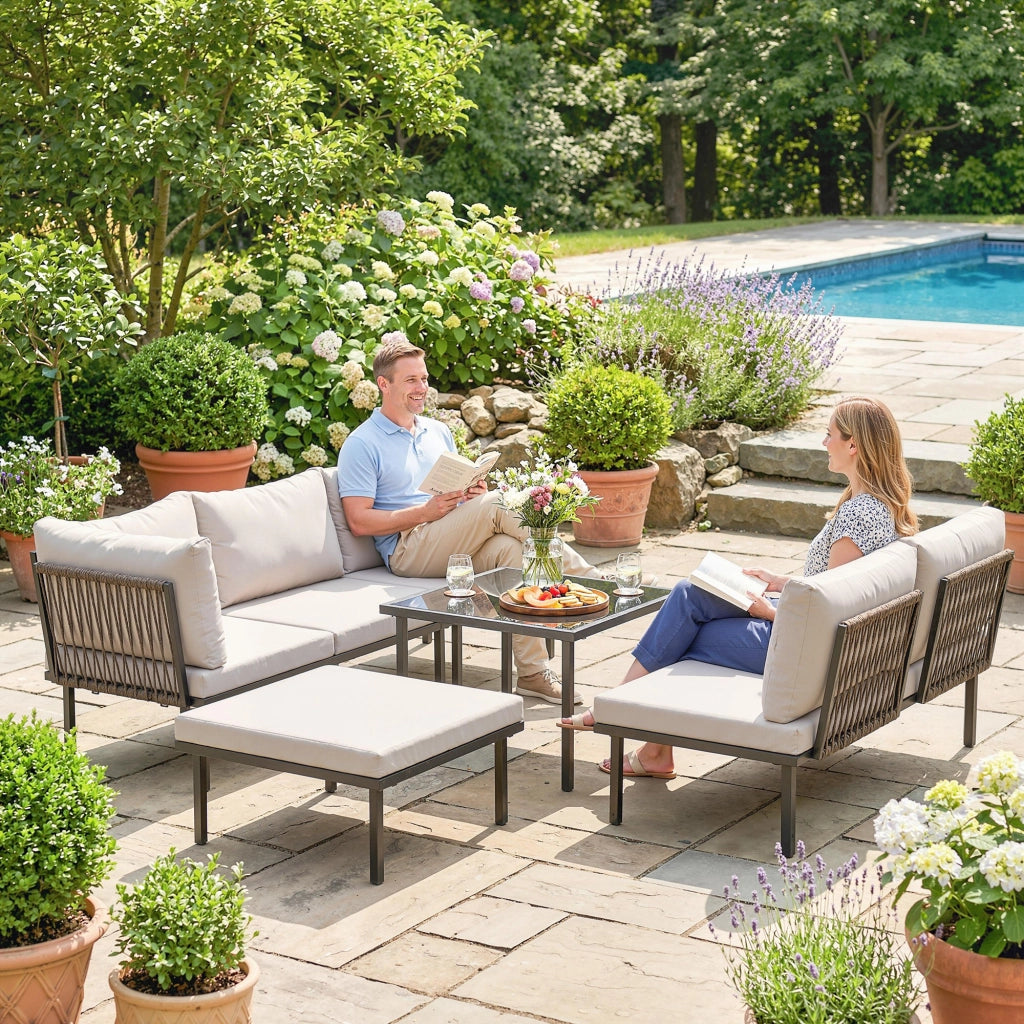 Set da giardino modulare 6 posti con tavolino in vetro ¨C zephmum ¨C grigio chiaro