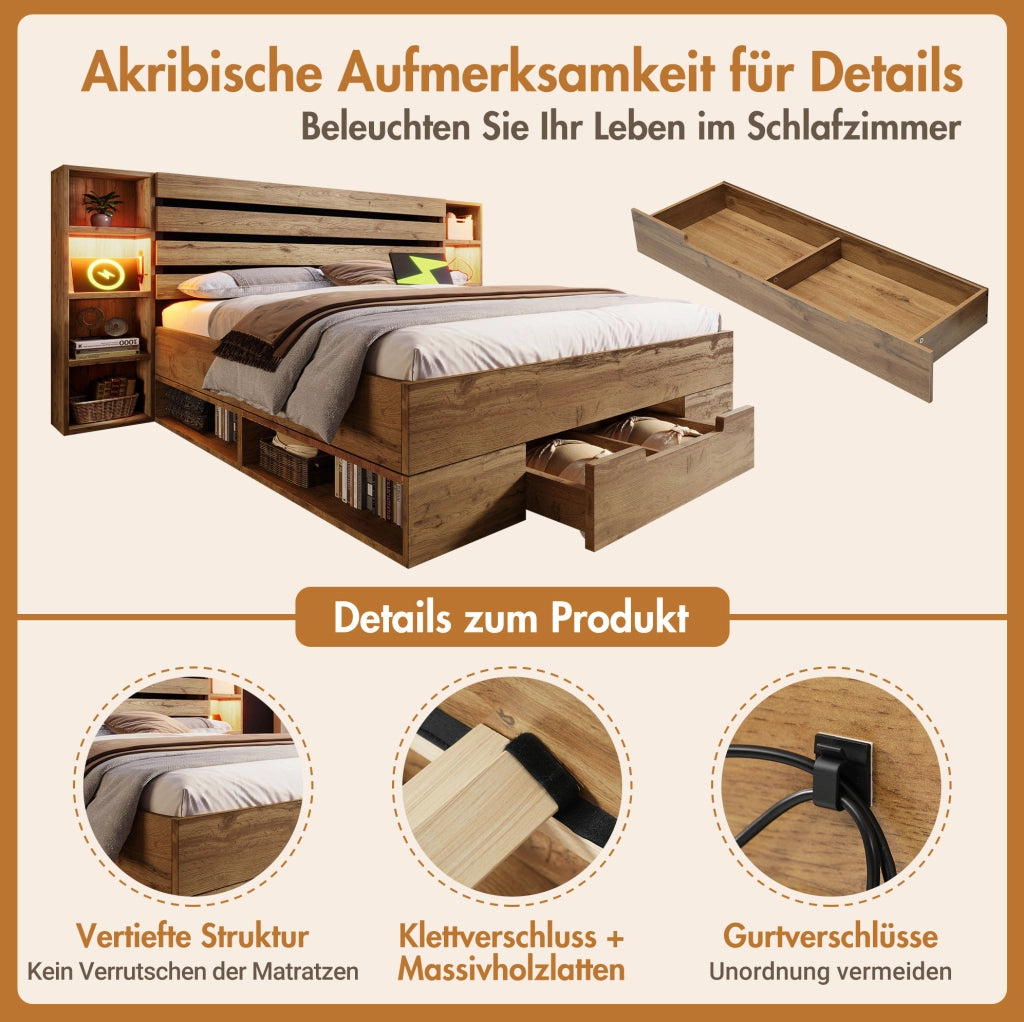Letto matrimoniale 160x200 cm in legno e metallo; con LED; prese USB e Type-C; finitura rovere