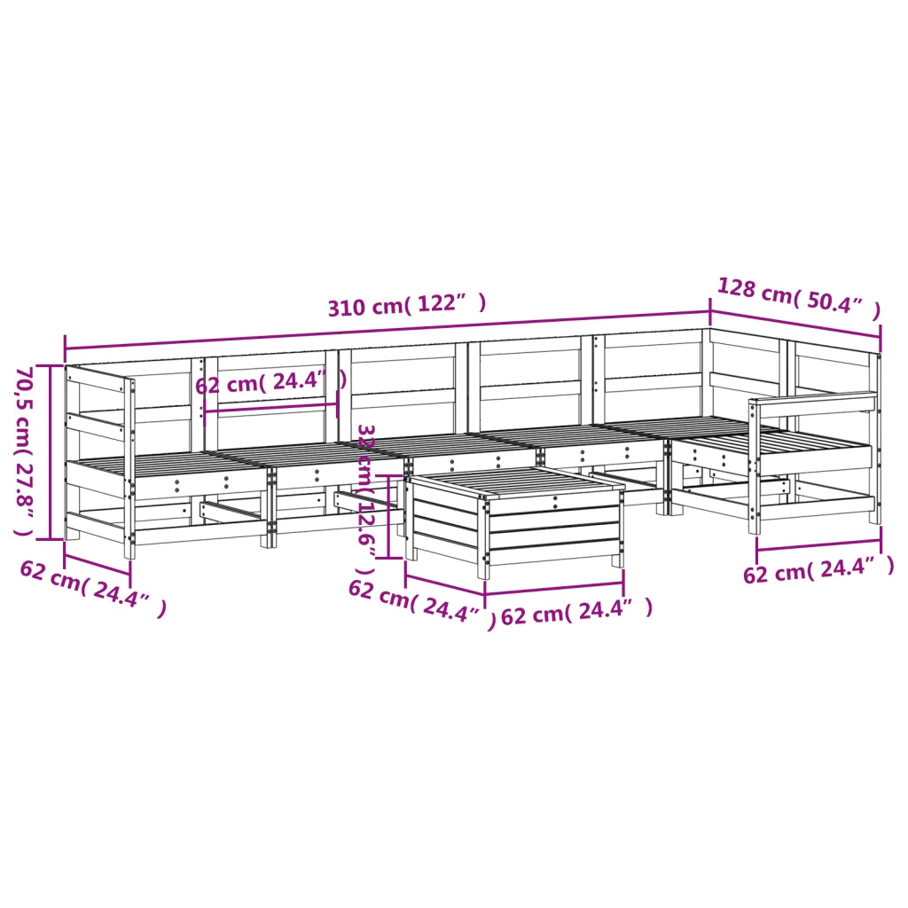 Set Divani da Giardino 7 pz Bianco in Legno Massello di Pino