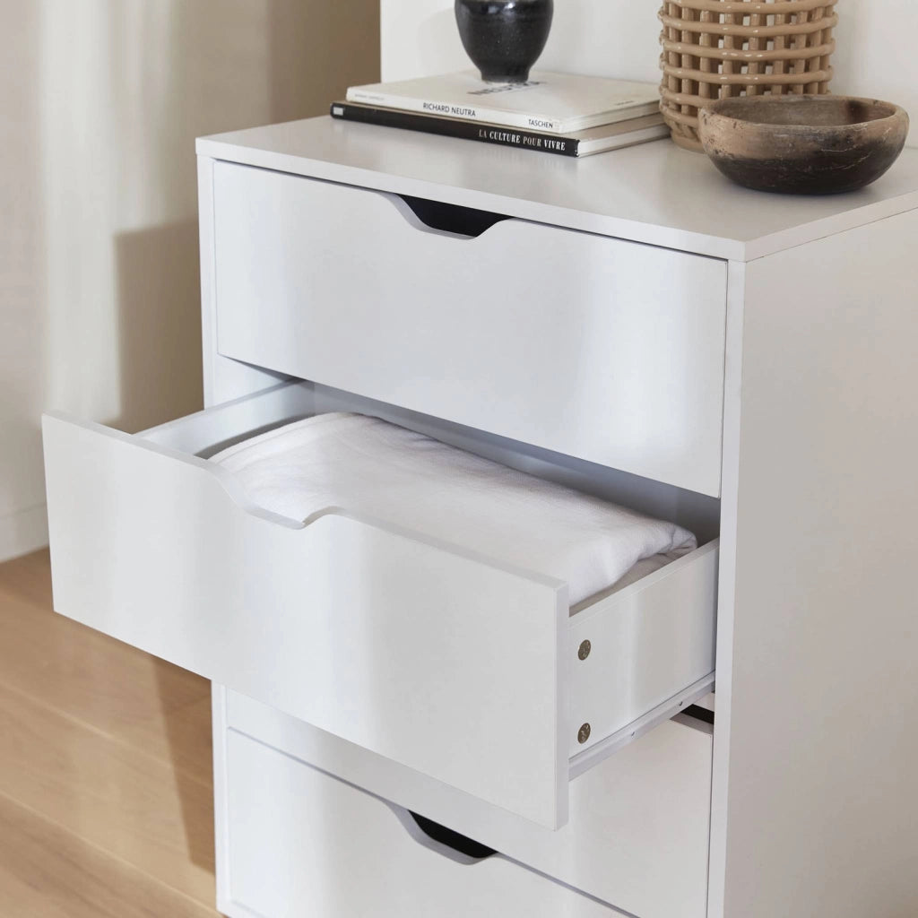 Cassettiera effetto legno con gambe in legno 4 cassetti, bianco