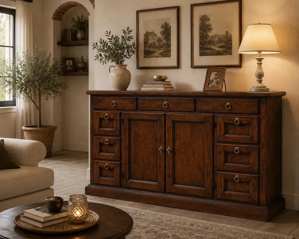 Madia credenza in legno massello tinta noce 2 ante 9 cassetti 160x45x95 cm - Mobili 2G