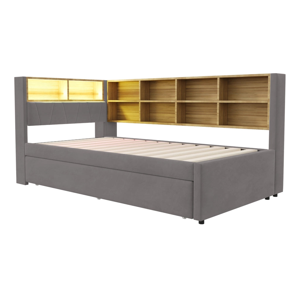 Divano letto 90x200 cm con letto estraibile; LED e prese in flanella grigio scuro