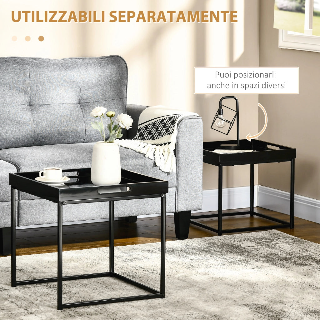 Easycomfort Set da 2 Tavolini da Caffè Impilabili con Finitura Lucida e Telaio in Acciaio, Nero