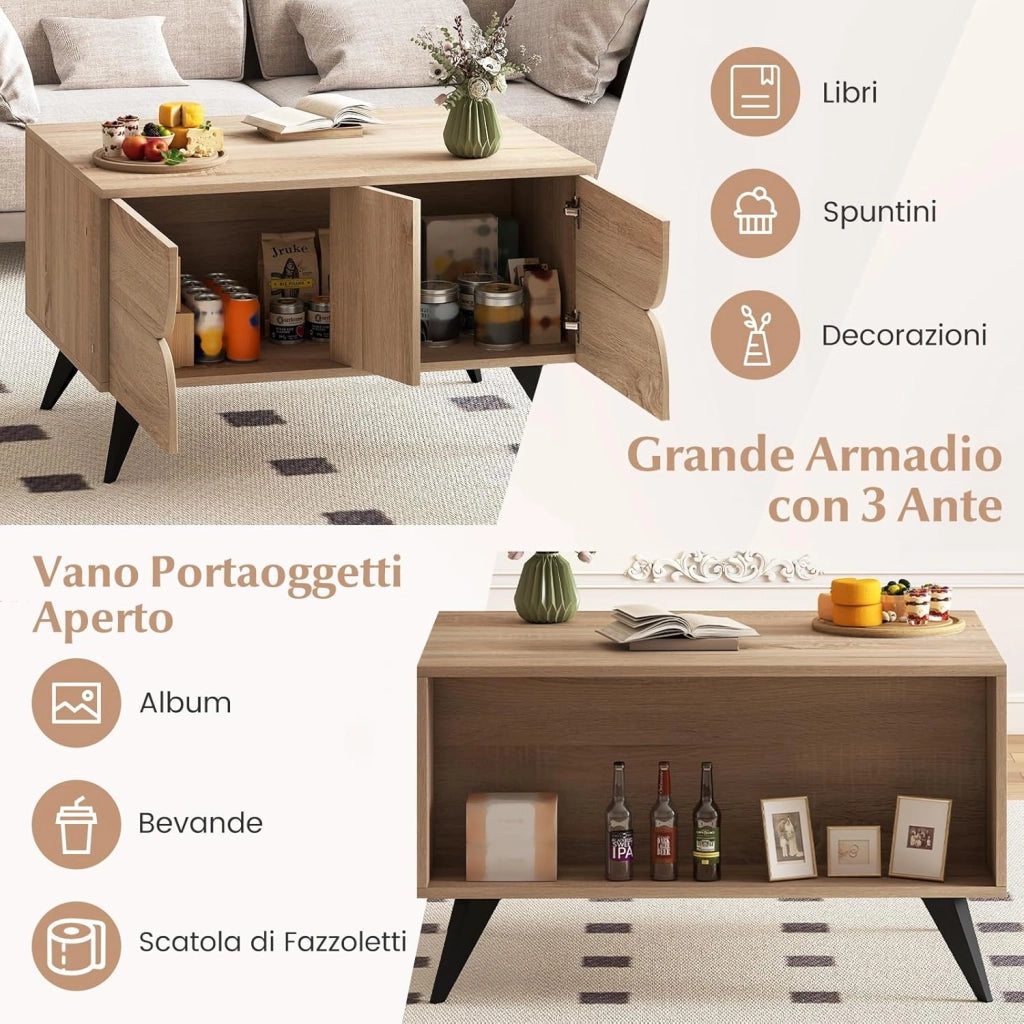 Tavolino da Salotto Moderno con Contenitore, Tavolino da Caffè con Scomparto Posteriore Aperto, 3 Ante e 4 Gambe Rialzate, Tavolo Centrale in Legno per Soggiorno, Studio e Ufficio