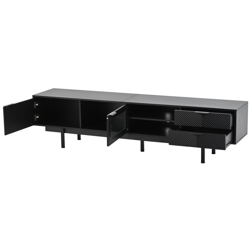 Mobile TV 200x40x50.5 cm con 2 porte e 2 cassetti; 3 livelli e 45 kg; truciolare e vetro temperato nero