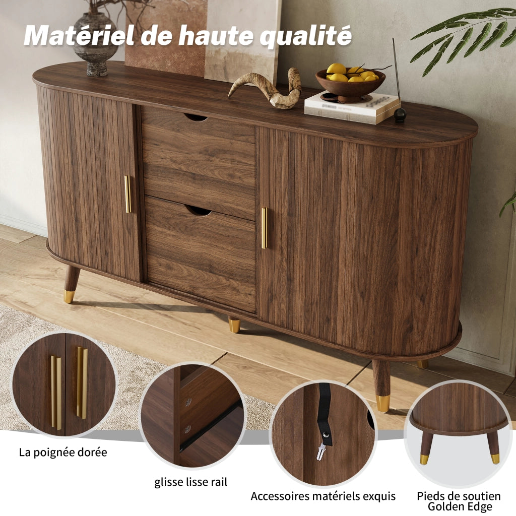 Credenza con 2 Ante Scorrevoli e 2 Cassetti; Angoli Arrotondati; Stile Moderno; in MDF; 140×40×79;5 cm; Noce