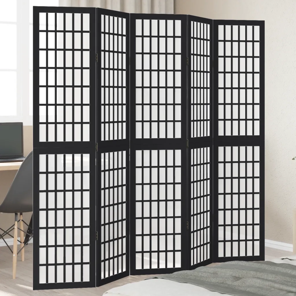 Divisorio Ambienti | Divider per stanze | Paravento 5 Pannelli Nero Legno Massello di Paulownia
