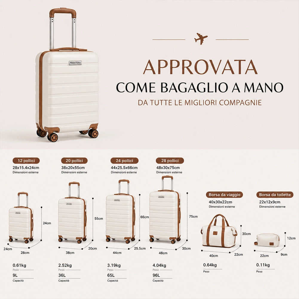 Set 6 Pezzi Valigie Rigide Family in ABS Beauty Case Beige e Marrone 55/66/75 cm
