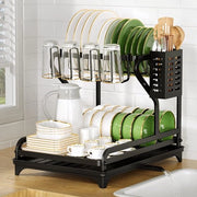 Afdruiprek 2-laags di metallo inox con contenitore per posate e cassetta per residui, afdruiprek per cucina, afdruiprek per asciugare stoviglie.