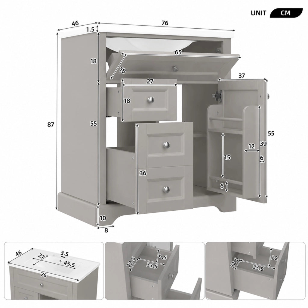Mobile bagno con lavabo a terra, grigio, 76x46x87 cm