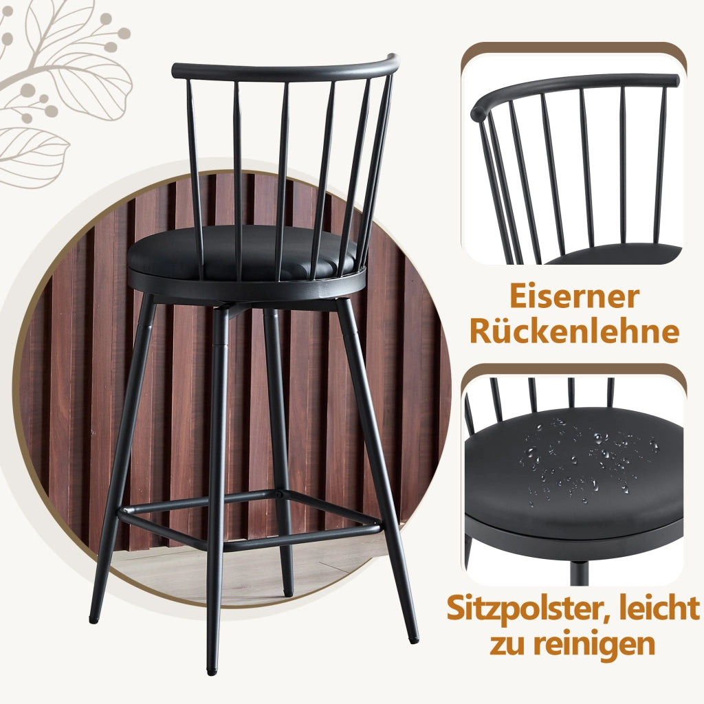 Sgabello da bar in metallo con seduta imbottita in pu e schienale stile windsor nero 73 × 45,5 × 45 cm