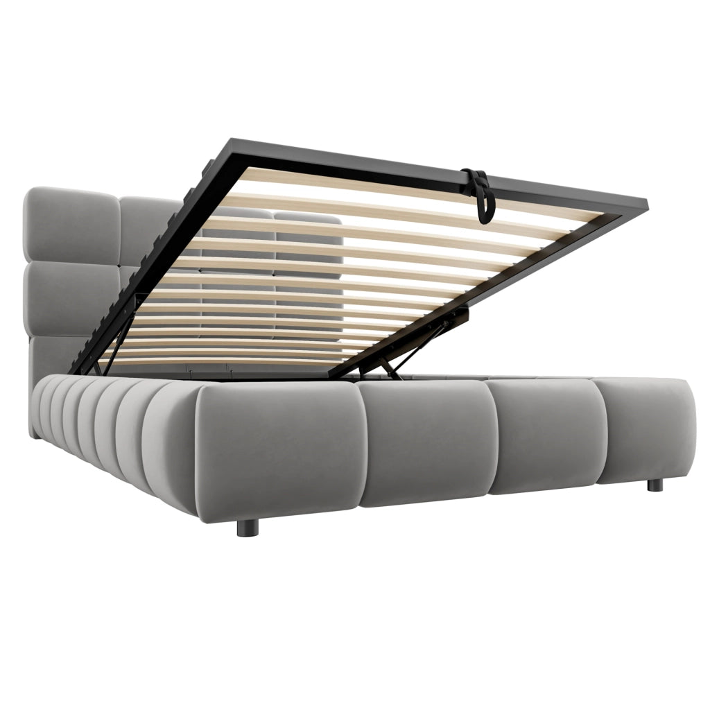 Letto imbottito 90x200 cm in velluto grigio con contenitore; LED e rete a doghe