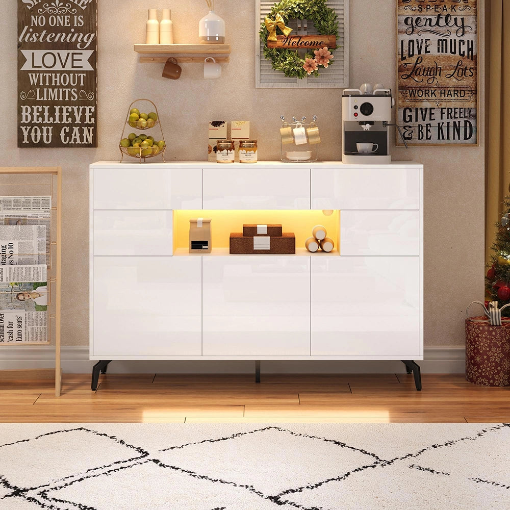 Credenza Soggiorno 140x30x94cm - Xylo - Lucida con 3 Cassetti e Luci LED, Colore Bianco