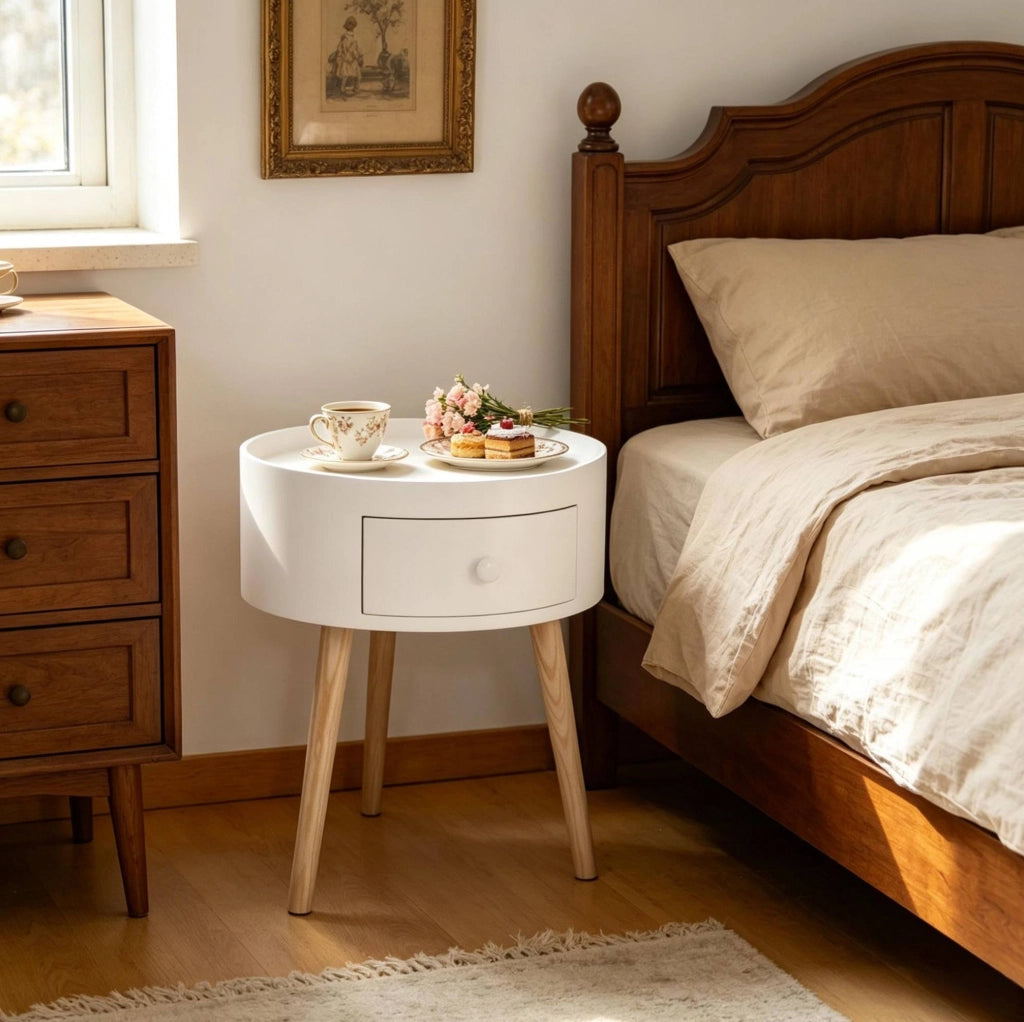 Comodino con cassetto in MDF e legno massello, bianco e legno, 38x38x45 cm