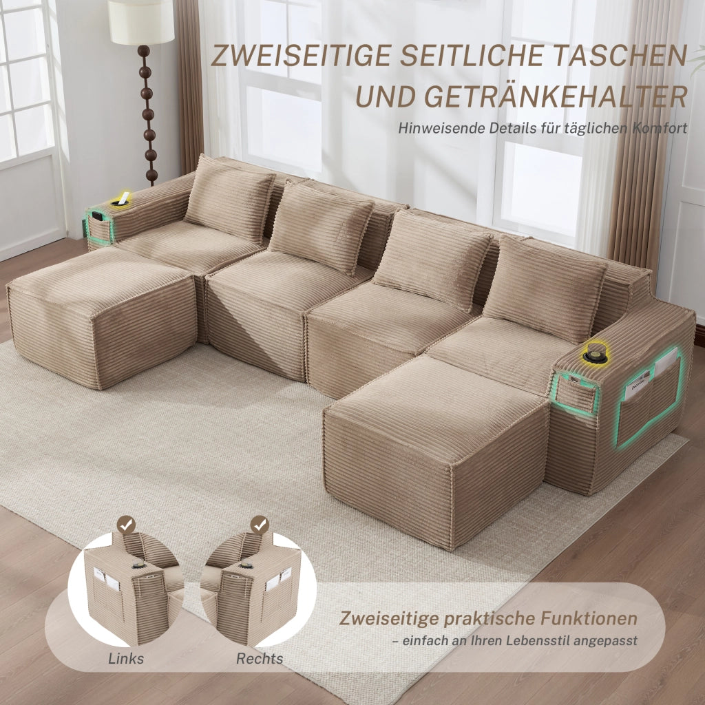 DIVANO modulare 4 posti 330x162x75 cm in corduroy khaki con 2 pouf