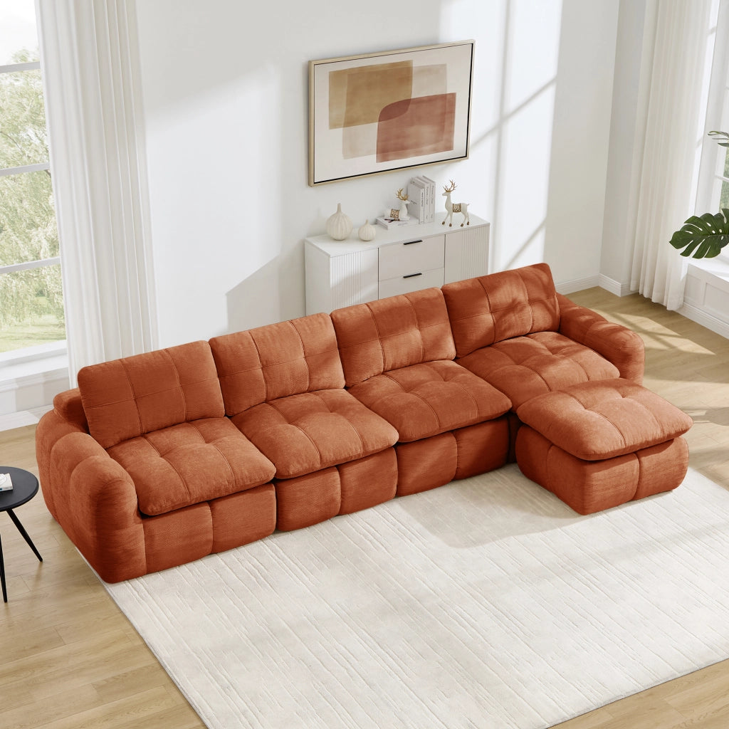 Divano ad angolo modulare in ciniglia con seduta ampia e profonda, senza montaggio, arancione 334 × 160 × 68 cm