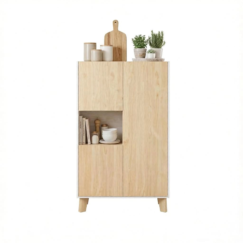 Credenza e madia con 5 vani e chiusura ammortizzata, per soggiorno, bianco e rovere chiaro, 80 × 40 × 135 cm