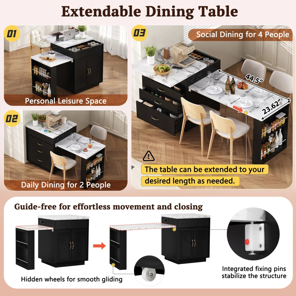 Tavolo allungabile con LED e presa usb tipo c, cassetti e ripiani aperti, per cucina e sala da pranzo, in MDF, nero