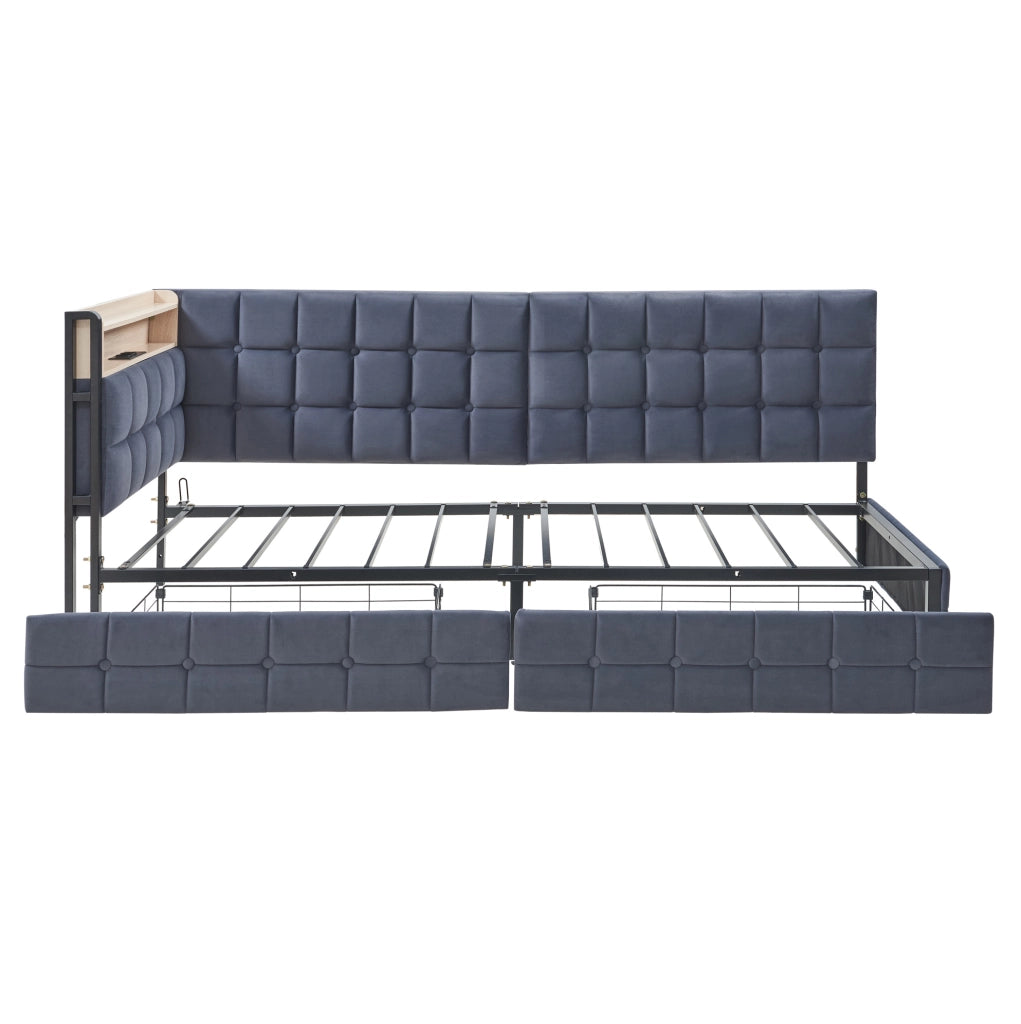 Divano letto imbottito 90x200 cm con 2 cassetti; LED e prese USB/Type-C; tessuto grigio