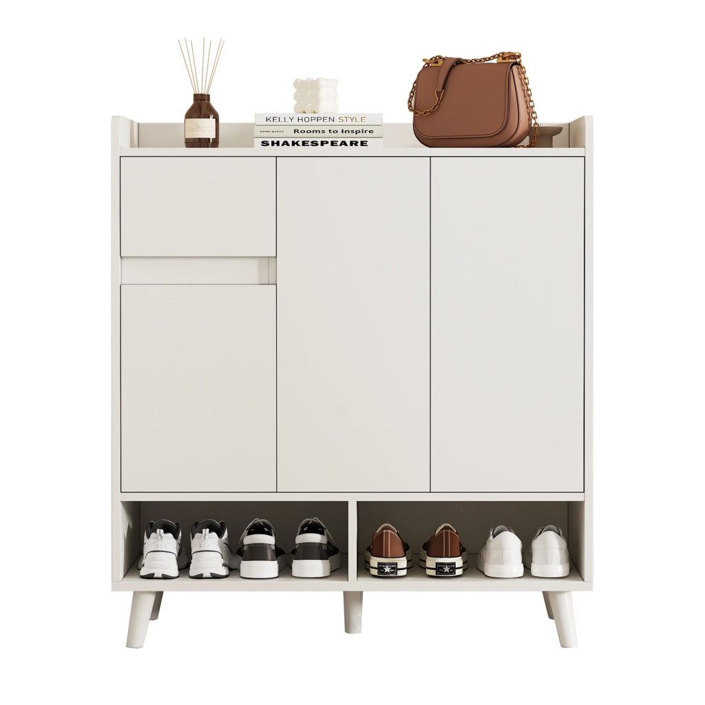 Mobile contenitore moderno con ripiani regolabili e gambe in legno massiccio, bianco, H99 x L90 x P35 cm