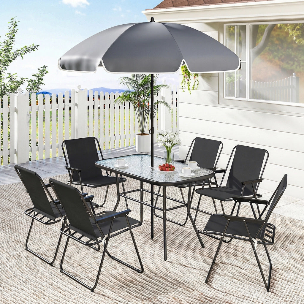 Set da Giardino 8 Pezzi con Ombrellone ¨C Xylo ¨C 6 Sedie Pieghevoli, Tavolo Esterno Vetro Temperato, Nero