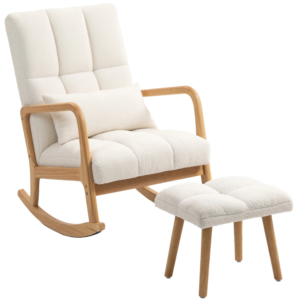 Poltrona a Dondolo con Poggiapiedi in Tessuto Boucl¨¦ e Gambe in Legno ¨C Minimal ¨C 64.5x82x89 cm Bianco