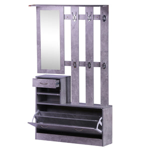 Easycomfort Set Mobili Ingresso Moderno con Scarpiera e Specchio, Appendiabiti da Ingresso con 6 Ganci, 2 Ripiani Regolabili e Cassetti in Legno per Corridoio, 90x24x177 cm, Grigio Cemento