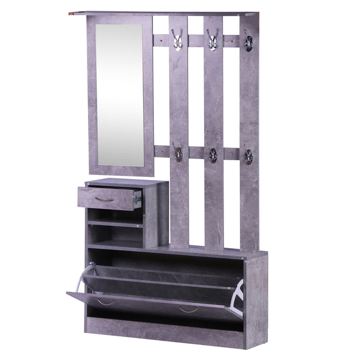 Easycomfort Set Mobili Ingresso Moderno con Scarpiera e Specchio, Appendiabiti da Ingresso con 6 Ganci, 2 Ripiani Regolabili e Cassetti in Legno per Corridoio, 90x24x177 cm, Grigio Cemento