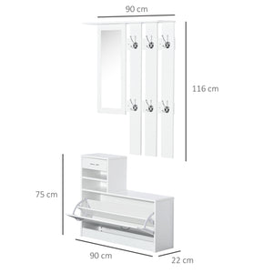 Easycomfort Set Mobili Ingresso Moderno con Scarpiera e Specchio, Appendiabiti da Ingresso con 6 Ganci, 2 Ripiani Regolabili e Cassetti in Legno per Corridoio, 90x24x177 cm, Bianco