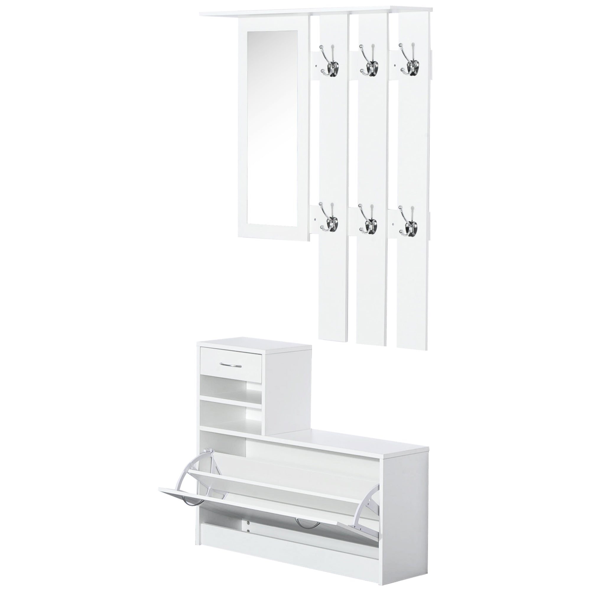 Easycomfort Set Mobili Ingresso Moderno con Scarpiera e Specchio, Appendiabiti da Ingresso con 6 Ganci, 2 Ripiani Regolabili e Cassetti in Legno per Corridoio, 90x24x177 cm, Bianco