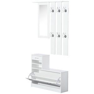 Easycomfort Set Mobili Ingresso Moderno con Scarpiera e Specchio, Appendiabiti da Ingresso con 6 Ganci, 2 Ripiani Regolabili e Cassetti in Legno per Corridoio, 90x24x177 cm, Bianco