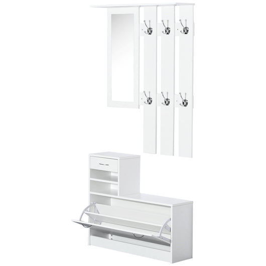Easycomfort Set Mobili Ingresso Moderno con Scarpiera e Specchio, Appendiabiti da Ingresso con 6 Ganci, 2 Ripiani Regolabili e Cassetti in Legno per Corridoio, 90x24x177 cm, Bianco