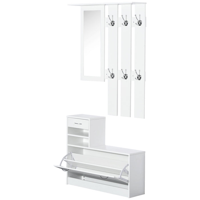 Easycomfort Set Mobili Ingresso Moderno con Scarpiera e Specchio, Appendiabiti da Ingresso con 6 Ganci, 2 Ripiani Regolabili e Cassetti in Legno per Corridoio, 90x24x177 cm, Bianco