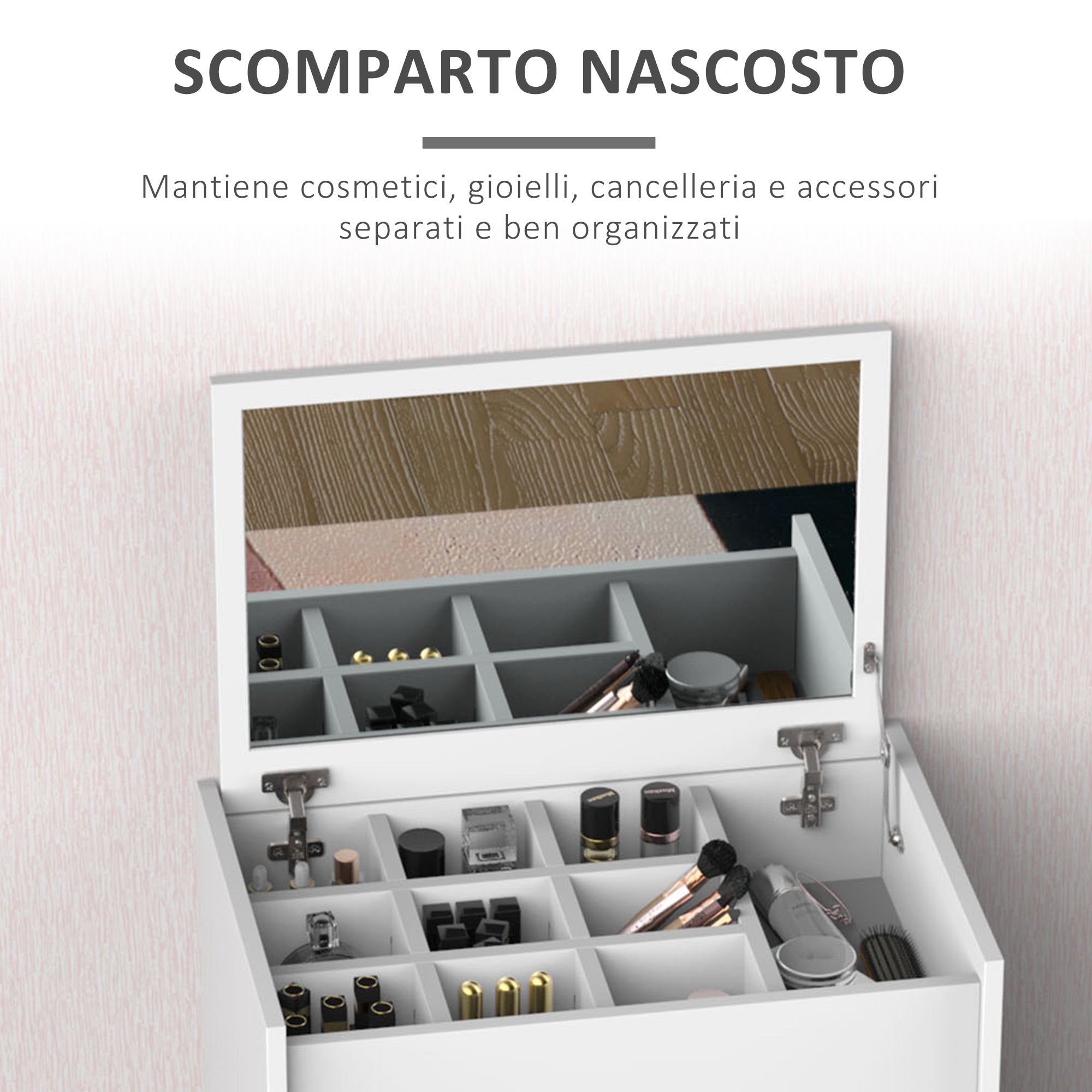 Easycomfort Tavolo da Trucco con Specchio Richiudibile, Tavolo da Trucco Moderno, con Sgabello, Vano Contenitore (10 Scomparti), MDF Bianco, 60.2 x 40.2 x 79cm