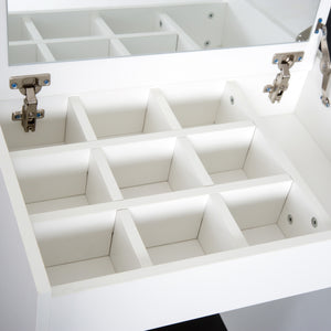 Easycomfort Tavolo da Trucco con Specchio Richiudibile, Tavolo da Trucco Moderno, con Sgabello, Vano Contenitore (10 Scomparti), MDF Bianco, 60.2 x 40.2 x 79cm