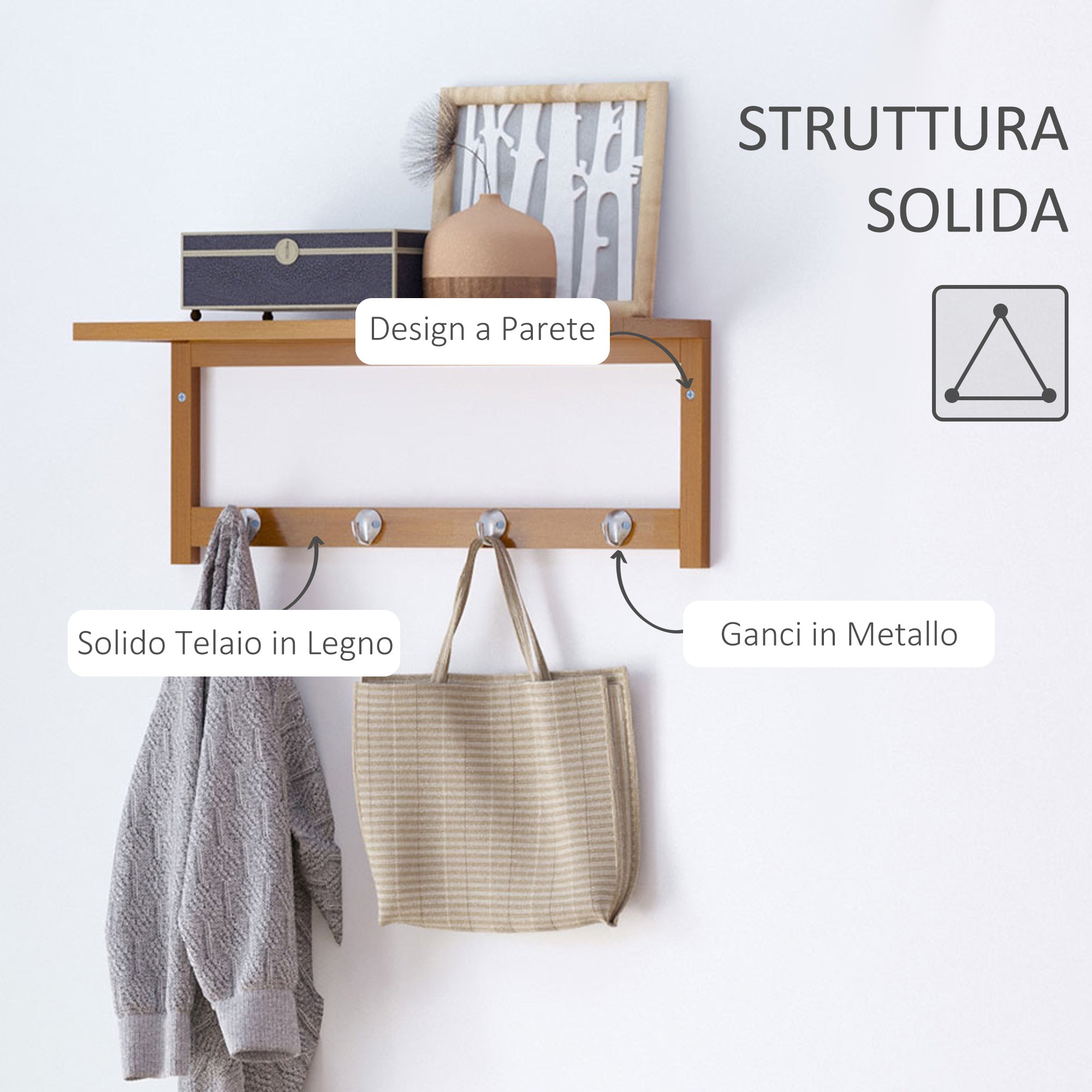 Easycomfort Appendiabiti con Mensola Attaccapanni a Parete con Ripiano Bambù 50 × 16 × 17.5cm