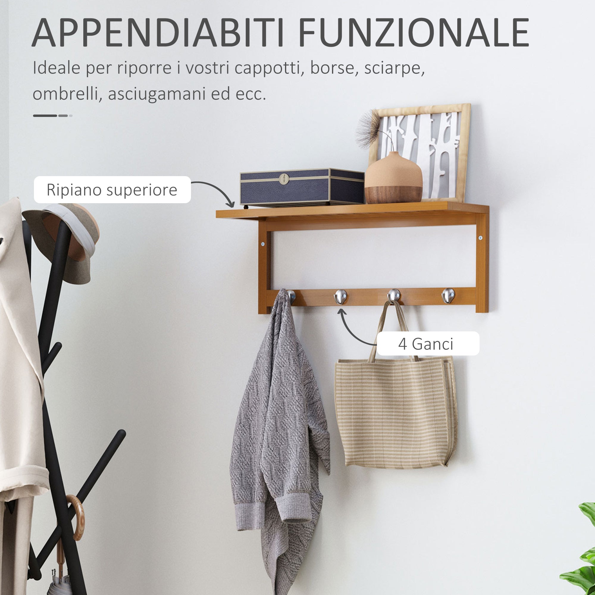 Easycomfort Appendiabiti con Mensola Attaccapanni a Parete con Ripiano Bambù 50 × 16 × 17.5cm