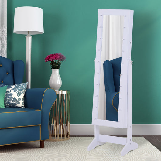 EasyComfort Armadio Portagioielli Portagioie Specchio Regolabile 20 Luci LED, Legno, Bianco, 40x37x146 cm
