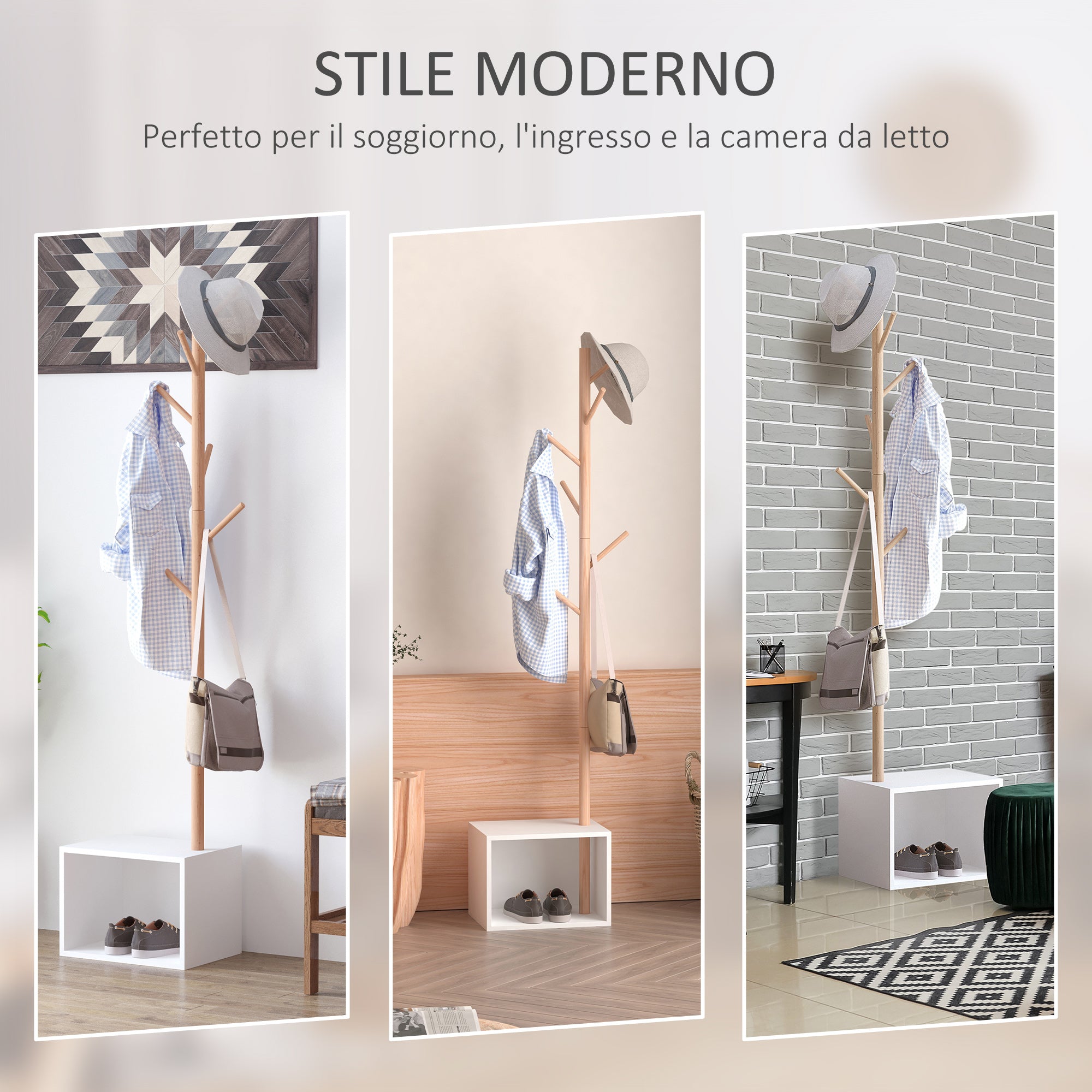 Easycomfort Panca con Appendiabiti da Ingresso, Attaccapanni da Terra in Bambù, Panca da Ingresso Bianca, Design, anche per Camera da Letto, 40x30x180cm, Bianco Legno