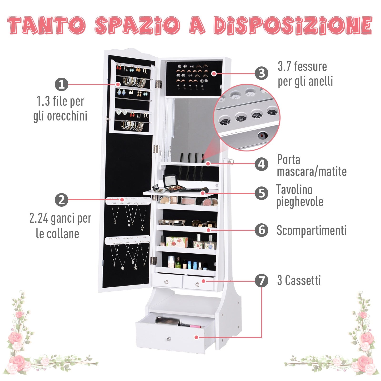 EasyComfort Armadio Portagioie Specchiera con Luci a LED Bianco 45x36x150cm