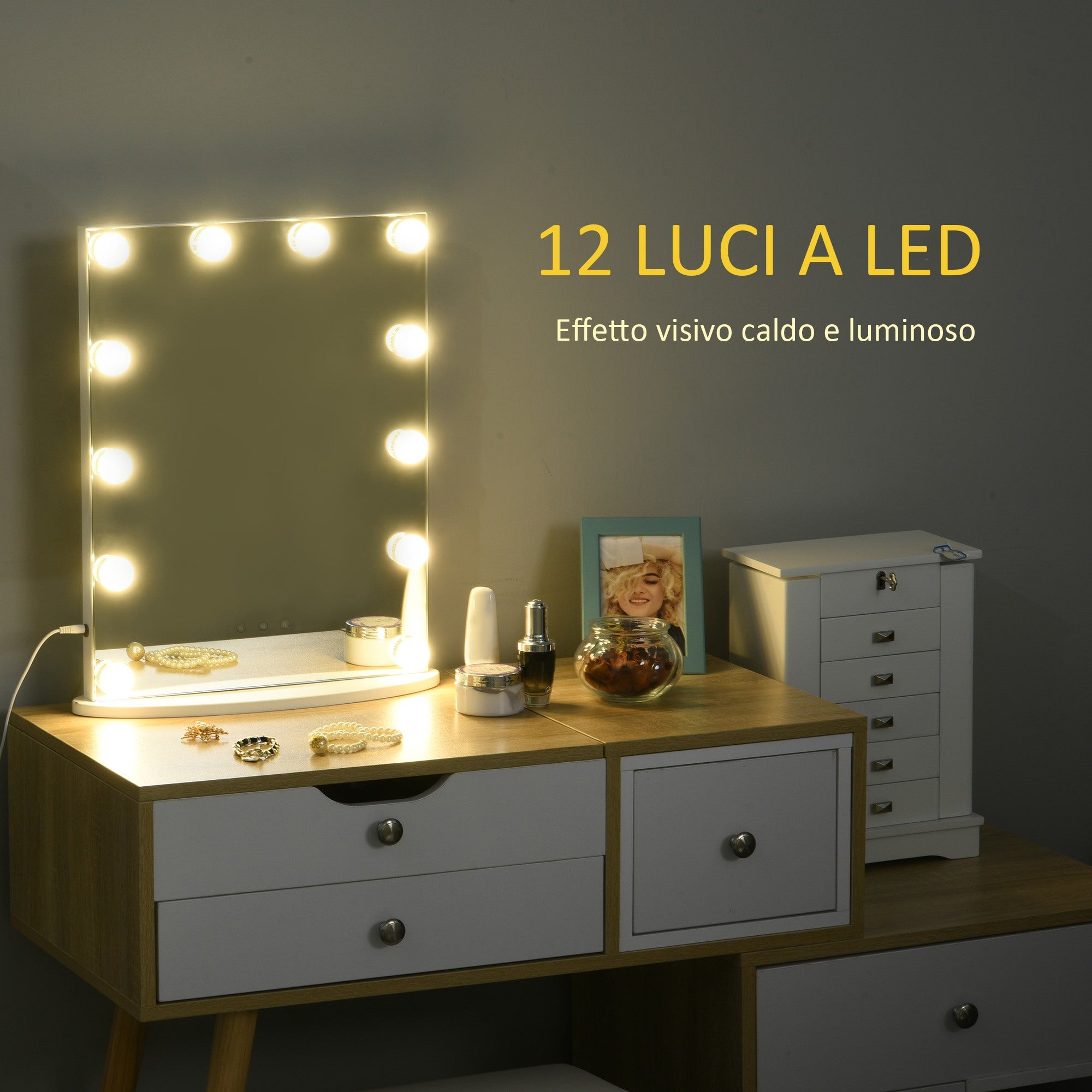 Easycomfort Specchio da Tavolo Professionale per Makeup con 12 Luci a LED Dimmerabili e Interruttore Touch in Stile Vintage