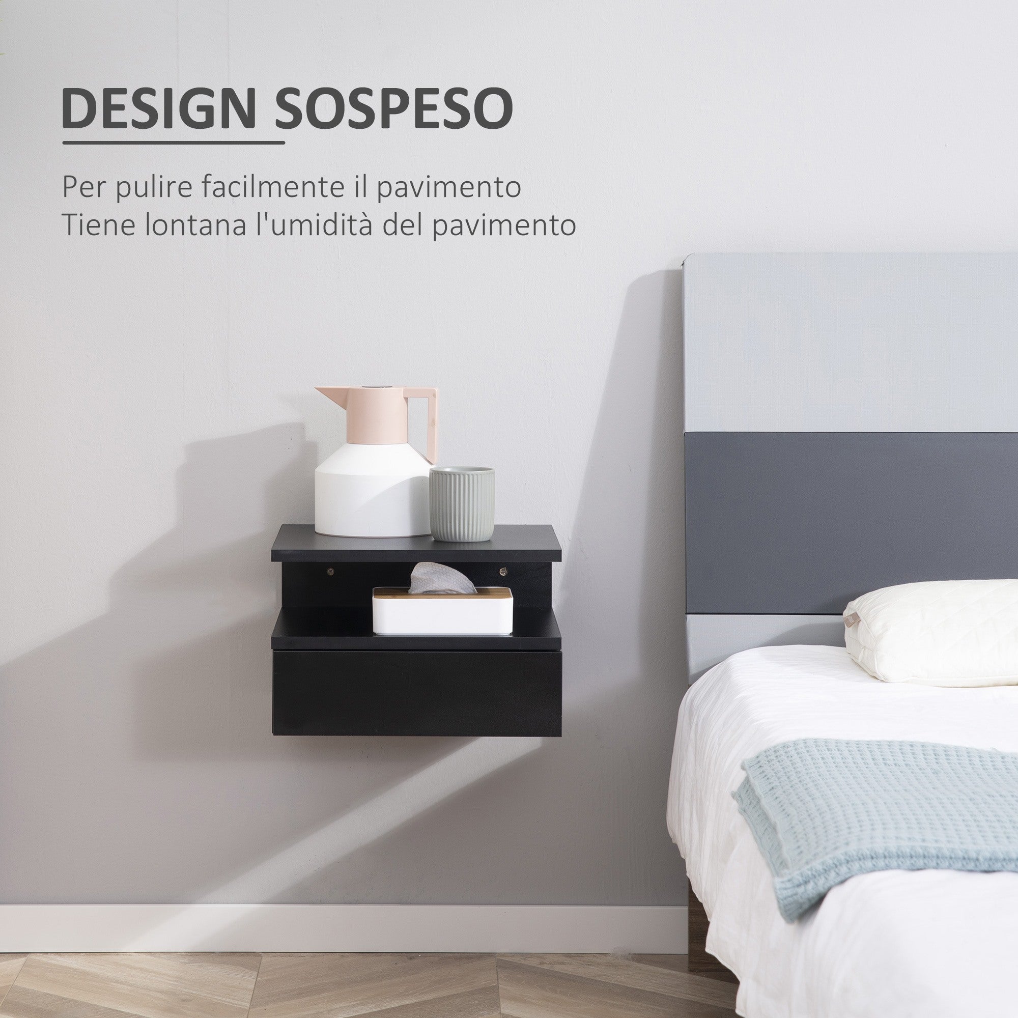 Easycomfort Set da 2 Comodini Sospesi per Camera da Letto con Cassetto e Mensola Superiore in Legno 35x32x22.5cm